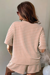 Khaki Stripe Raised Rib Loose Tee Drawstring Elastic Waist 2pcs Short Set