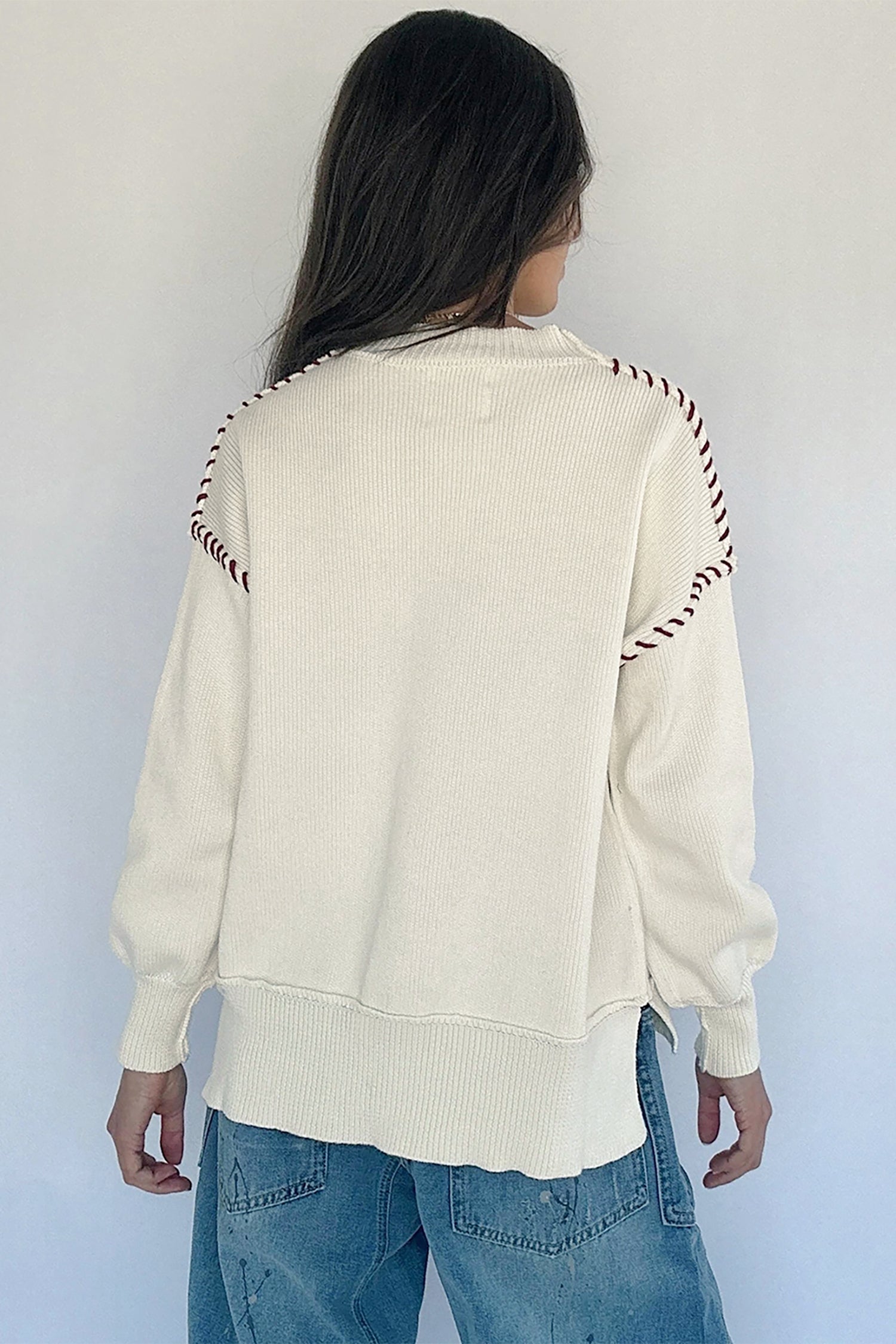 Beige Drop Shoulder Game Day Letter Print Pullover Sweater