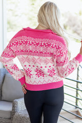 Rose Red Christmas Snowflake Quarter Zip Collard Sweater