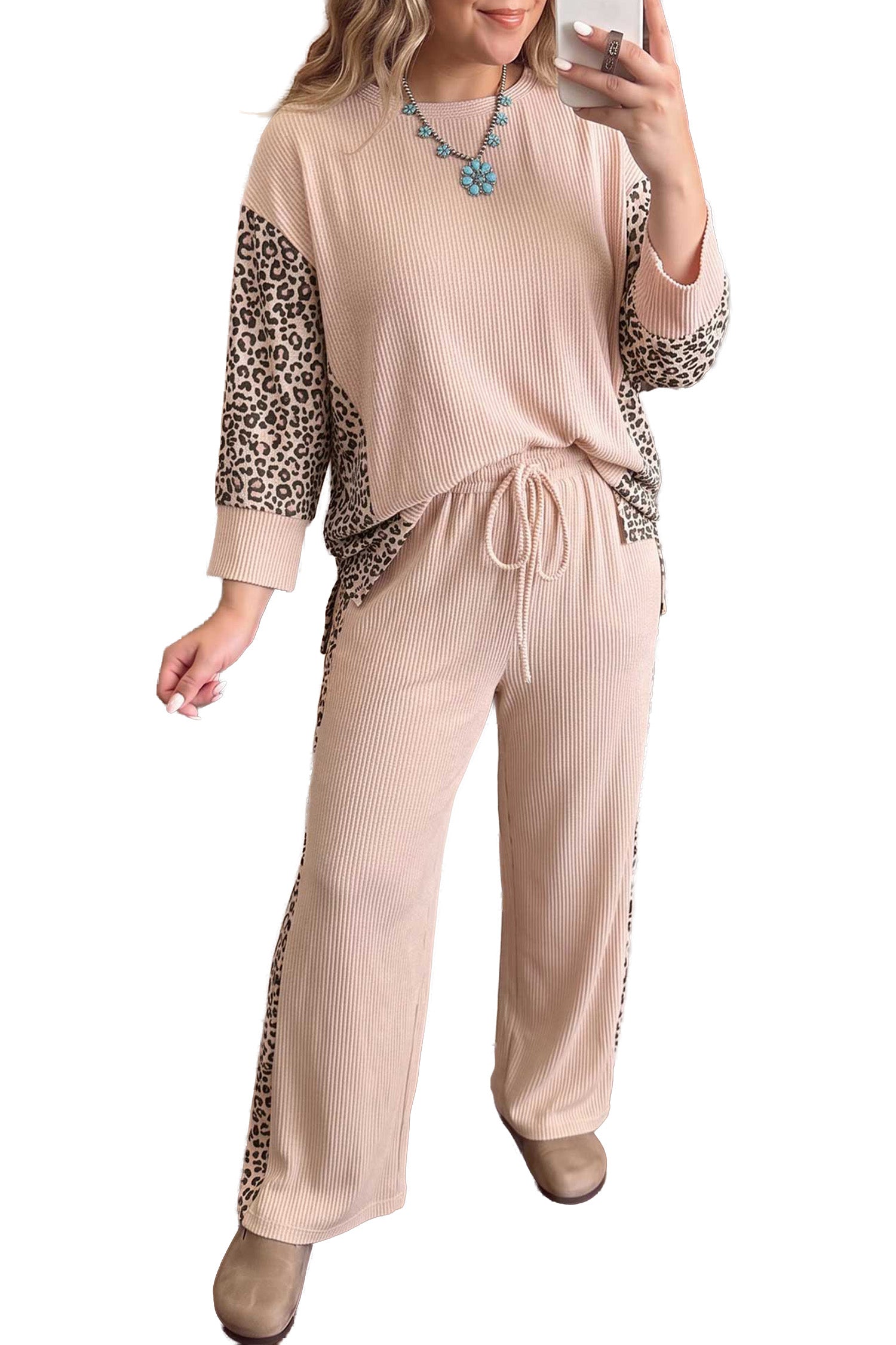Light French Beige Leopard Print Ribbed Twist Long Sleeve Top Pants Plus Size Set
