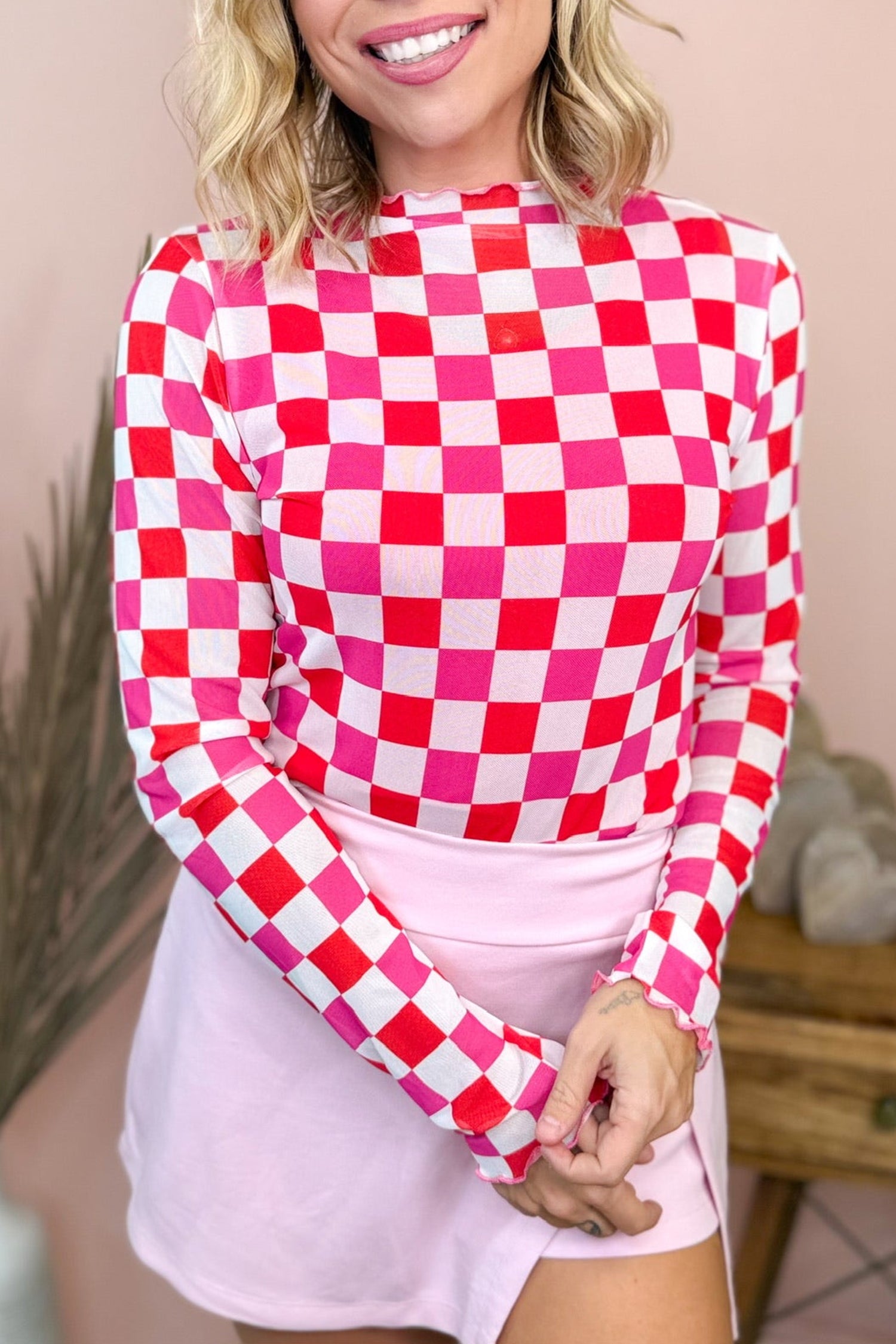 Rose Plaid Mesh Sheer Long Sleeve Top