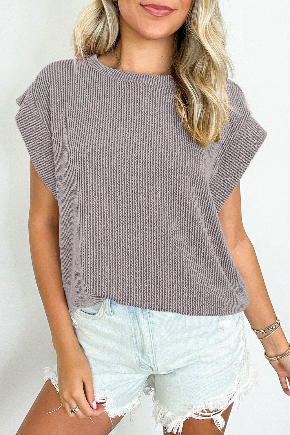 Gray Twisted Ribbed Textured Plain T Shirt