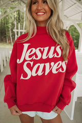 Fiery Red Jesus Saves Slogan Print Stand Neck Baggy Sweatshirt