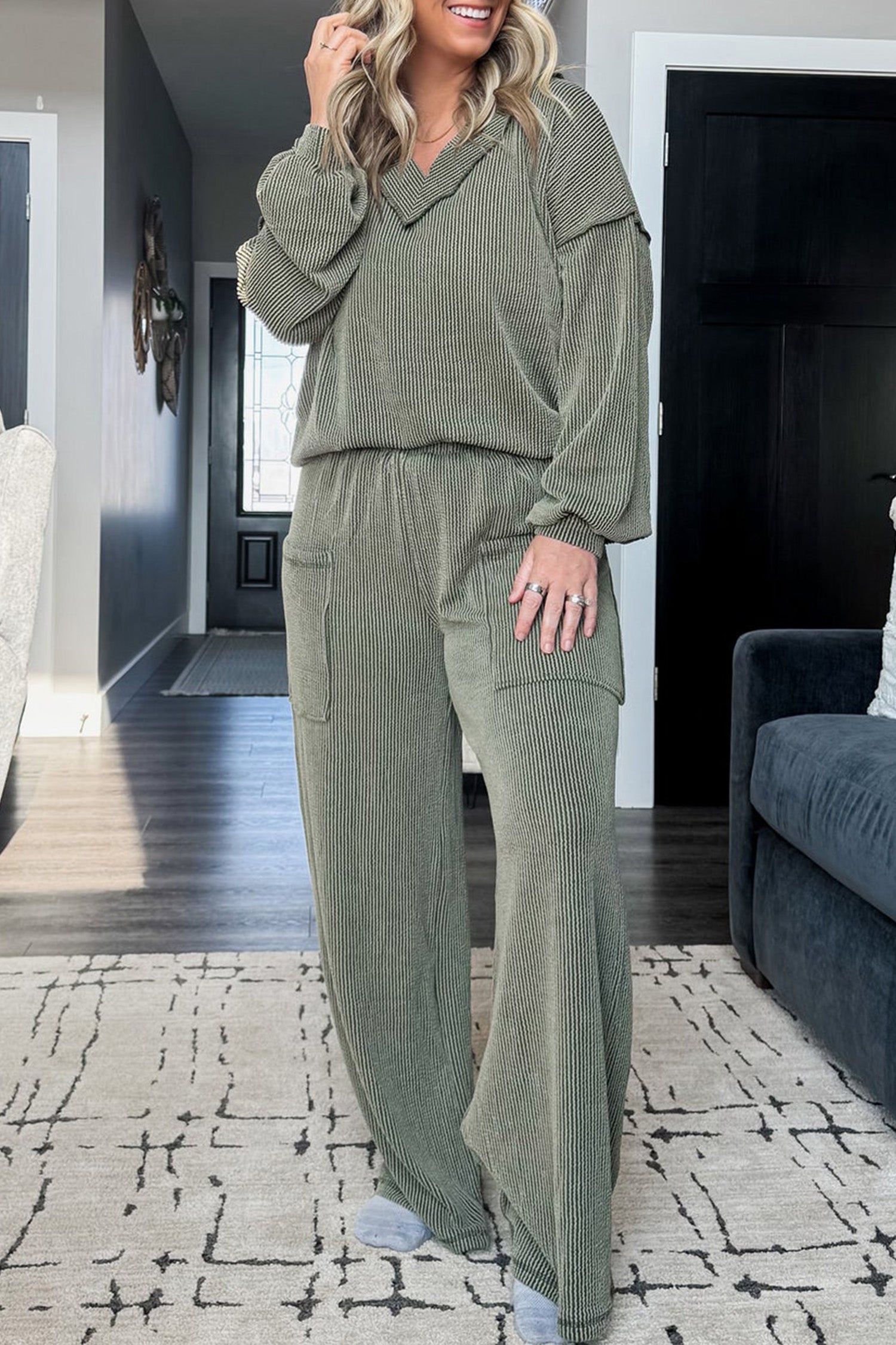 Four Leaf Clover Twisted Ribbed Exposed Seam Detail V Neck Pullover Plus Size Pant Set