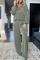Four Leaf Clover Twisted Ribbed Exposed Seam Detail V Neck Pullover Plus Size Pant Set