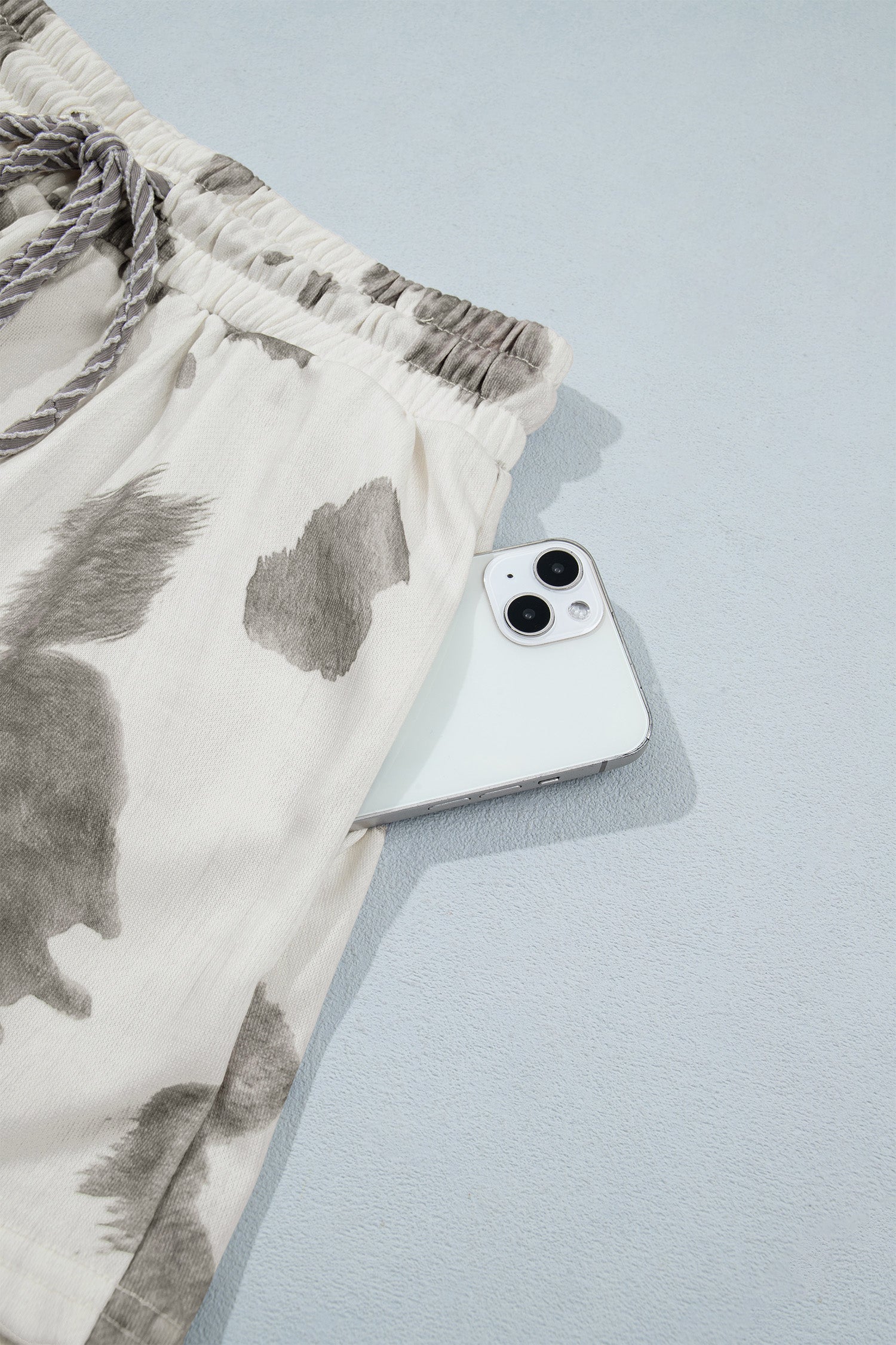 Gray Western Print Raw Hem Long Sleeve Top Drawstring Shorts Set
