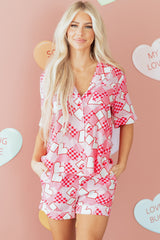 Pink Heart Print Shirt Style Silky Short Pajama Set