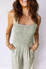 Green Smocked Bodice Square Neck Sleeveless Floral Jumpsuit