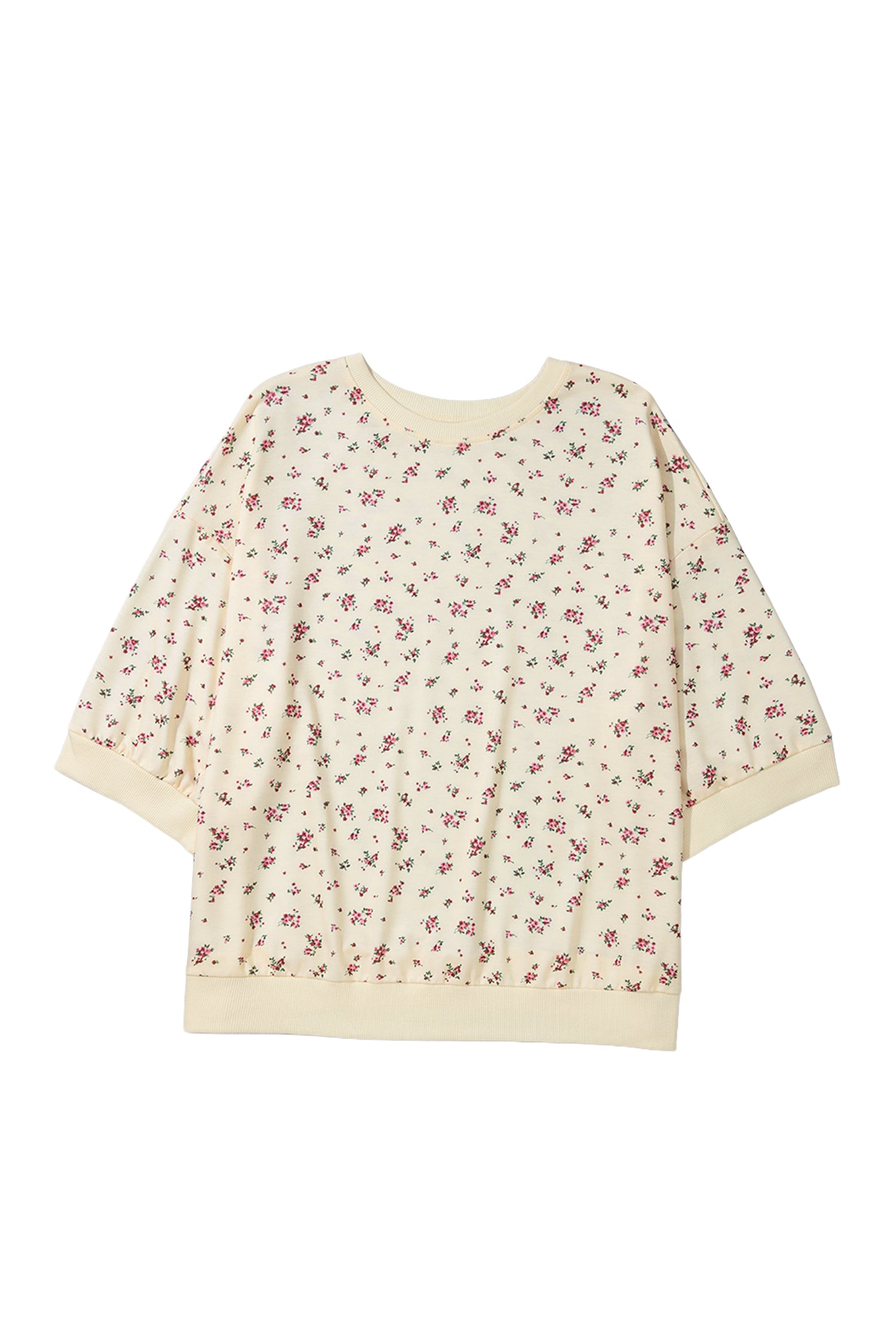 Beige Floral Print Colorblock Cuffs Hem Plus Size Blouse