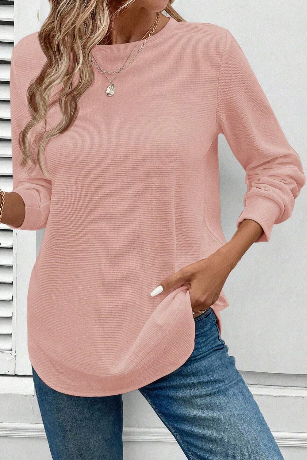 White Rounded Hem Waffle Plain Long Sleeve Top