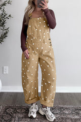 Light French Beige Polka Dot Print Bib Pocket Denim Barrel Overalls Jumpsuit