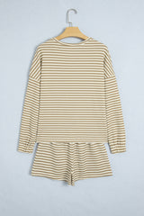 Brown Stripe Textured Knit Long Sleeve Top Elastic Waist Shorts Casual Outfit