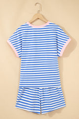 Sky Blue Stripe Contrast Trim Crew Neck Tee Knot Shorts 2pcs Set