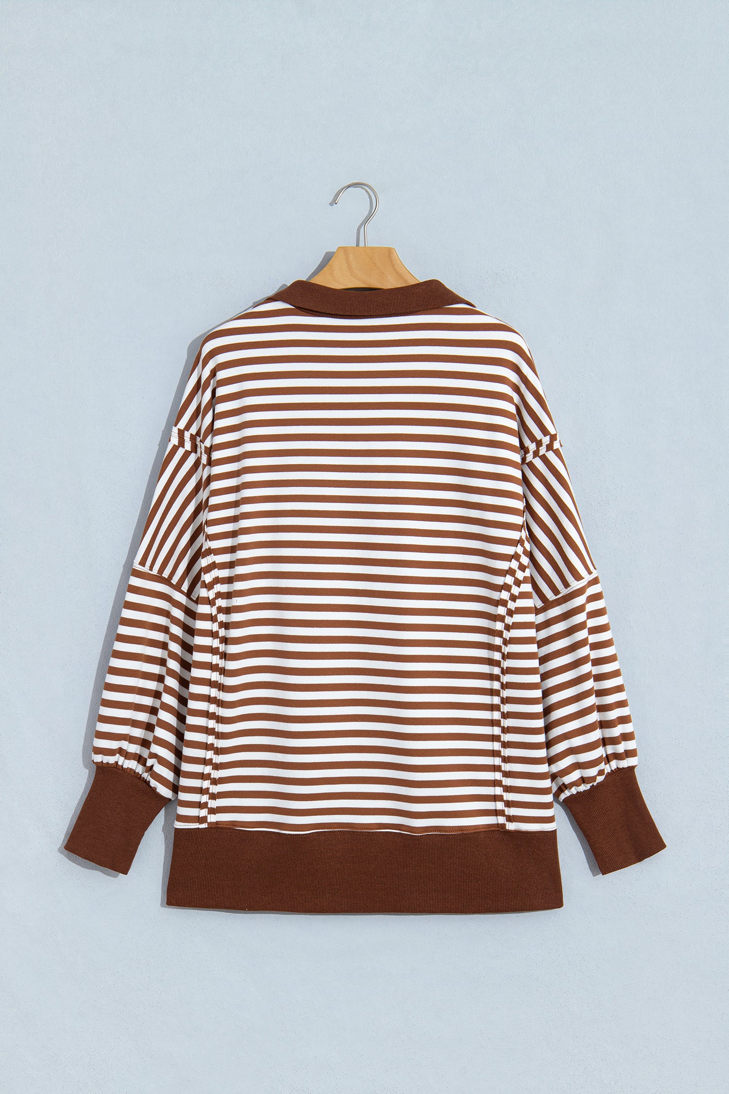 Blue Stripe Color Block Trim Raw Seam Split Hem Loose Pullover Sweatshirt