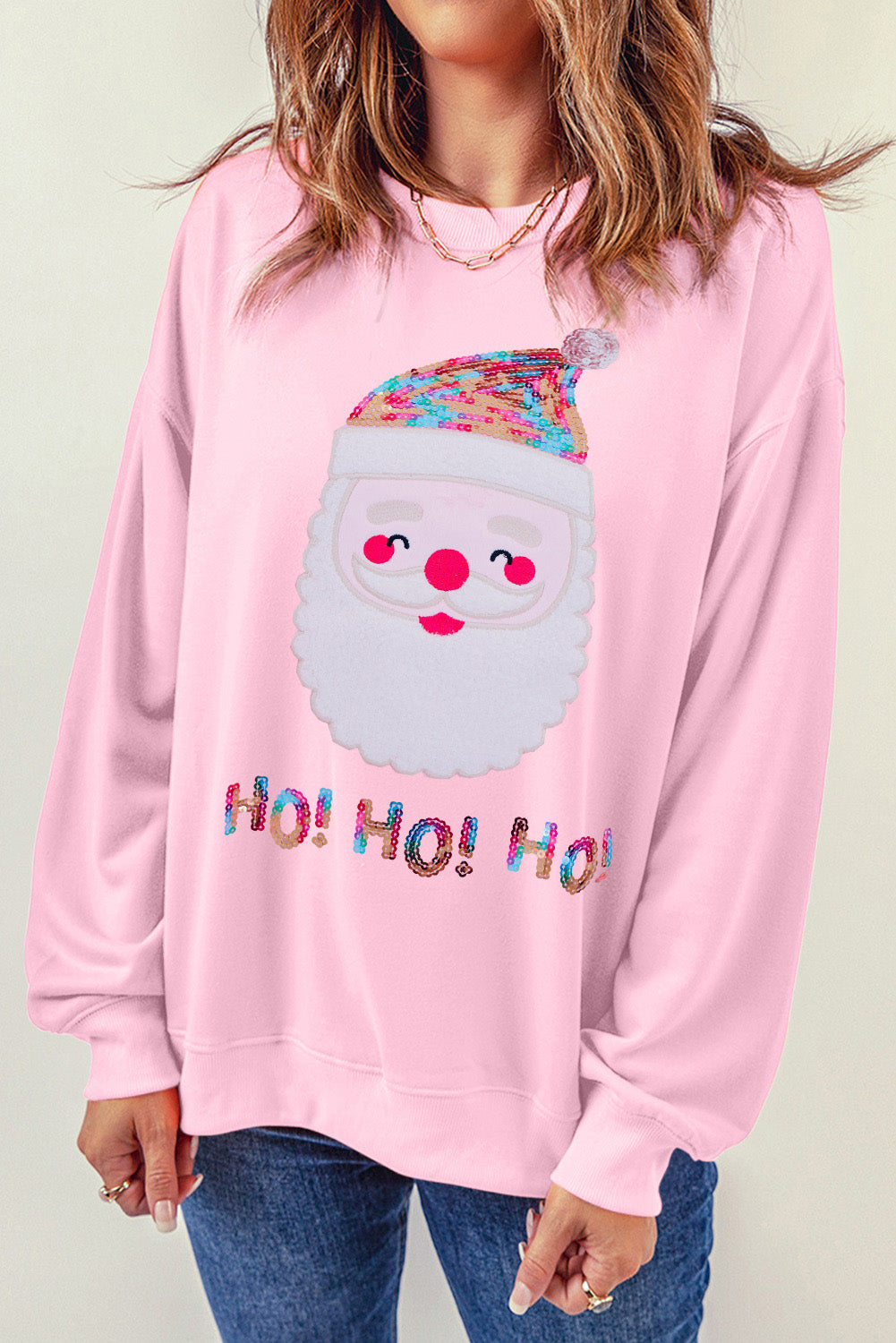 Pink HO HO HO Sequined Santa Claus Graphic Patch Application Sweatshirt