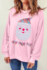 Pink HO HO HO Sequined Santa Claus Graphic Patch Application Sweatshirt