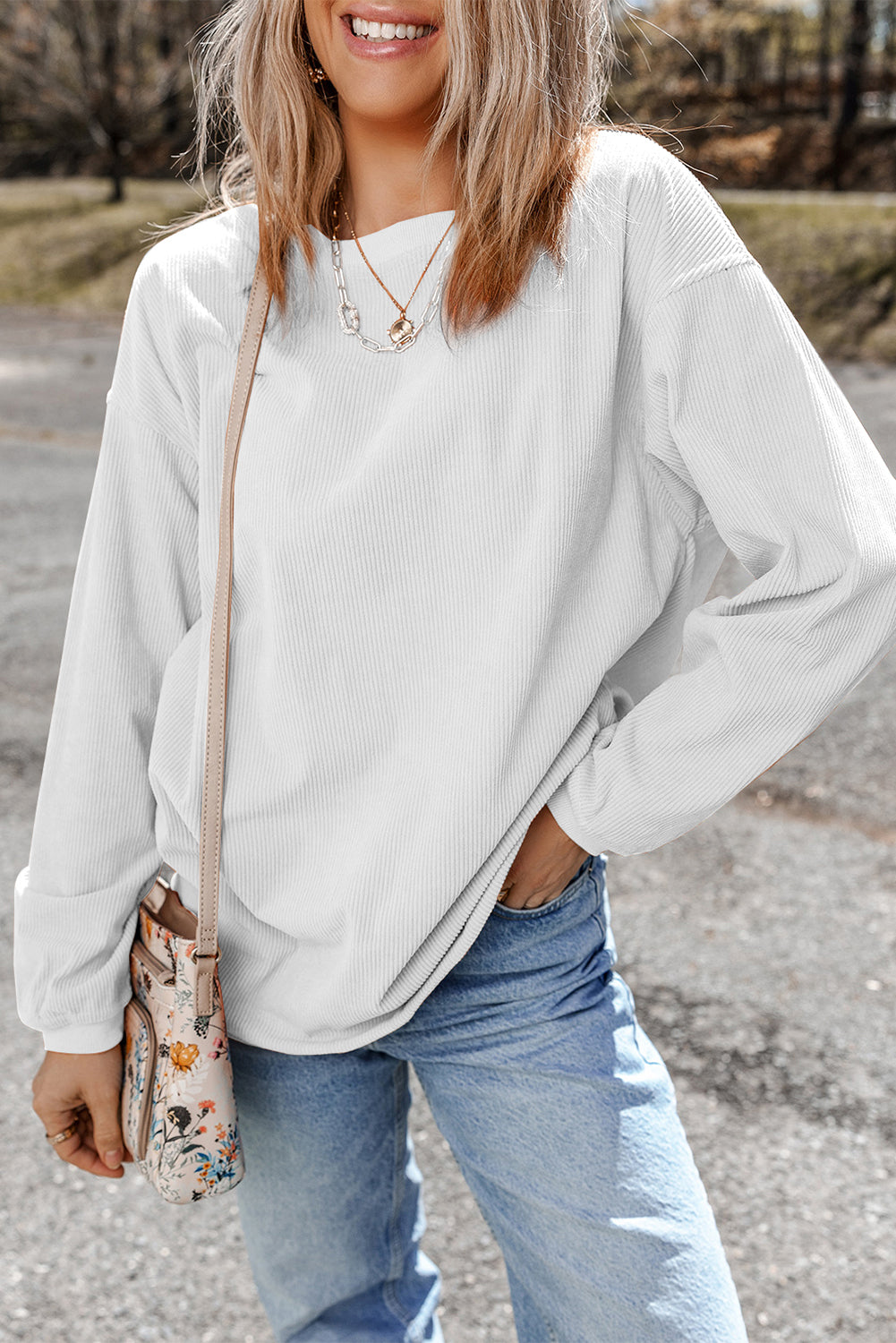 Festival Fuchsia Plain Drop Sleeve Rib Knit Oversized Sweatshirt