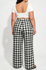 Black Plus Size Plaid Pattern Elastic Waist Shift Pants