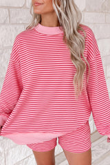 Blue Stripe Ribbed Patchwork Mock Neck Baggy Pullover Matching Shorts Set
