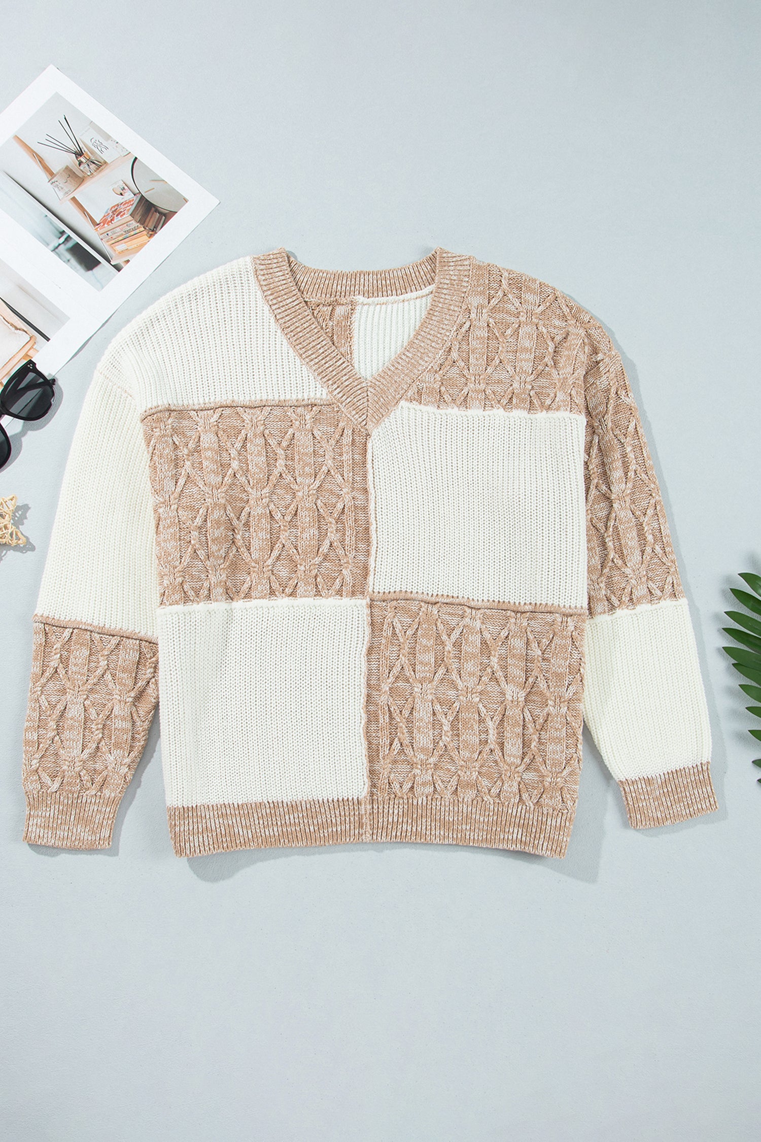 Parchment Colorblock V Neck Long Sleeve Tunic Loose Fit Plus Size Sweater