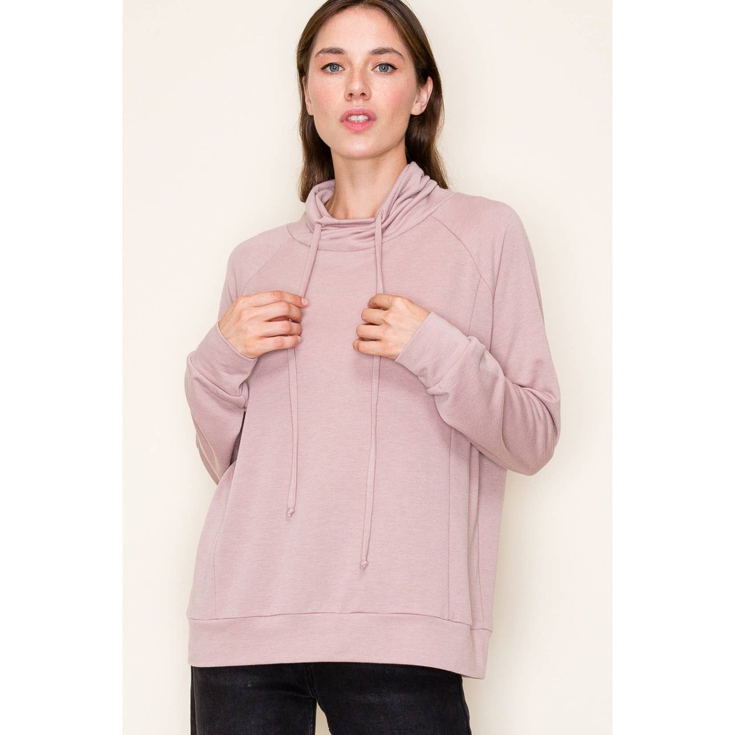 DRAWSTRING COWL NECK LONG SLEEVE FRENCH TERRY TOP