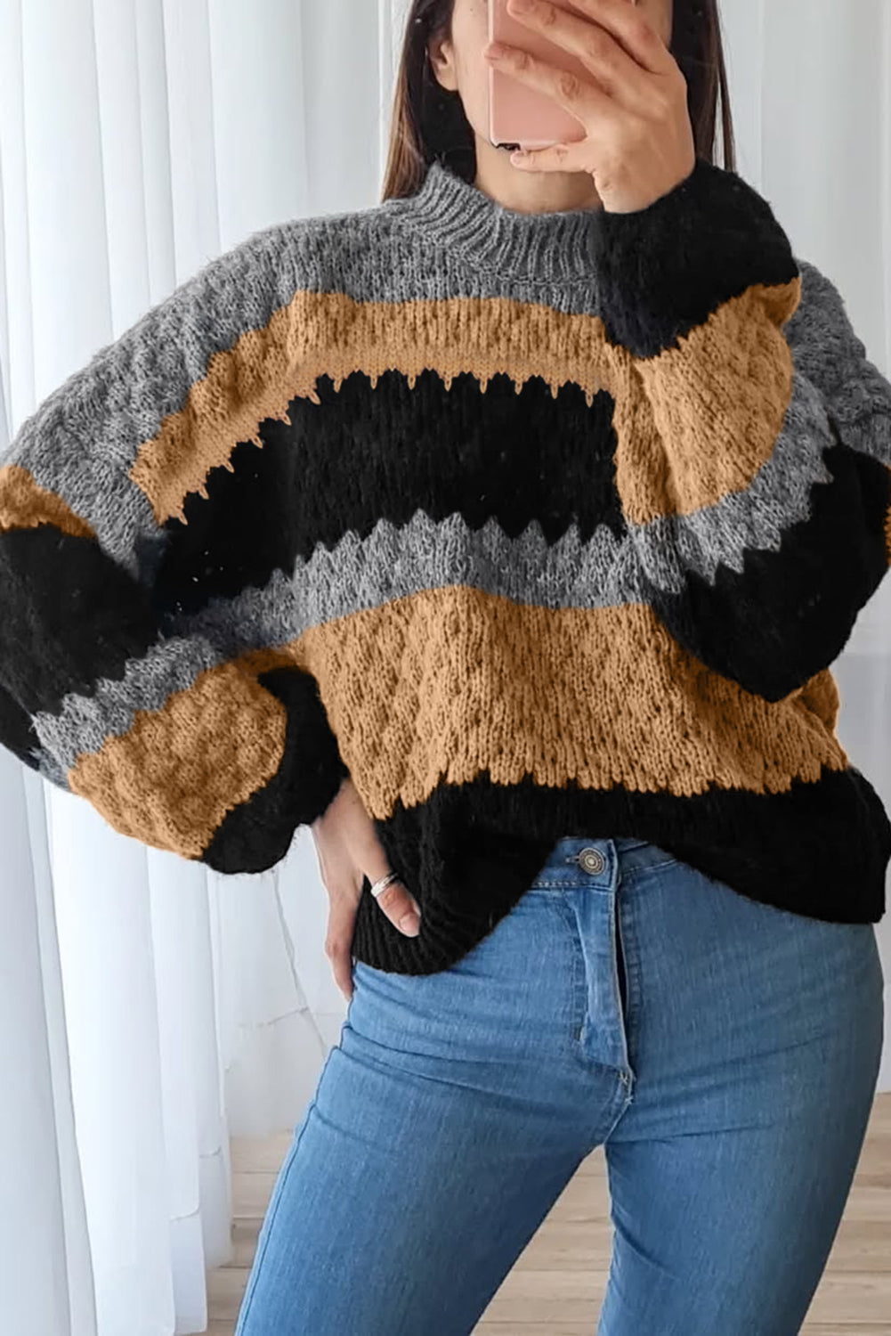 Khaki Colorblock High Neck Baggy Sweater