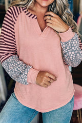 Light Pink V Neck Colorblock Patchwork Striped Floral Long Sleeve Casual Top