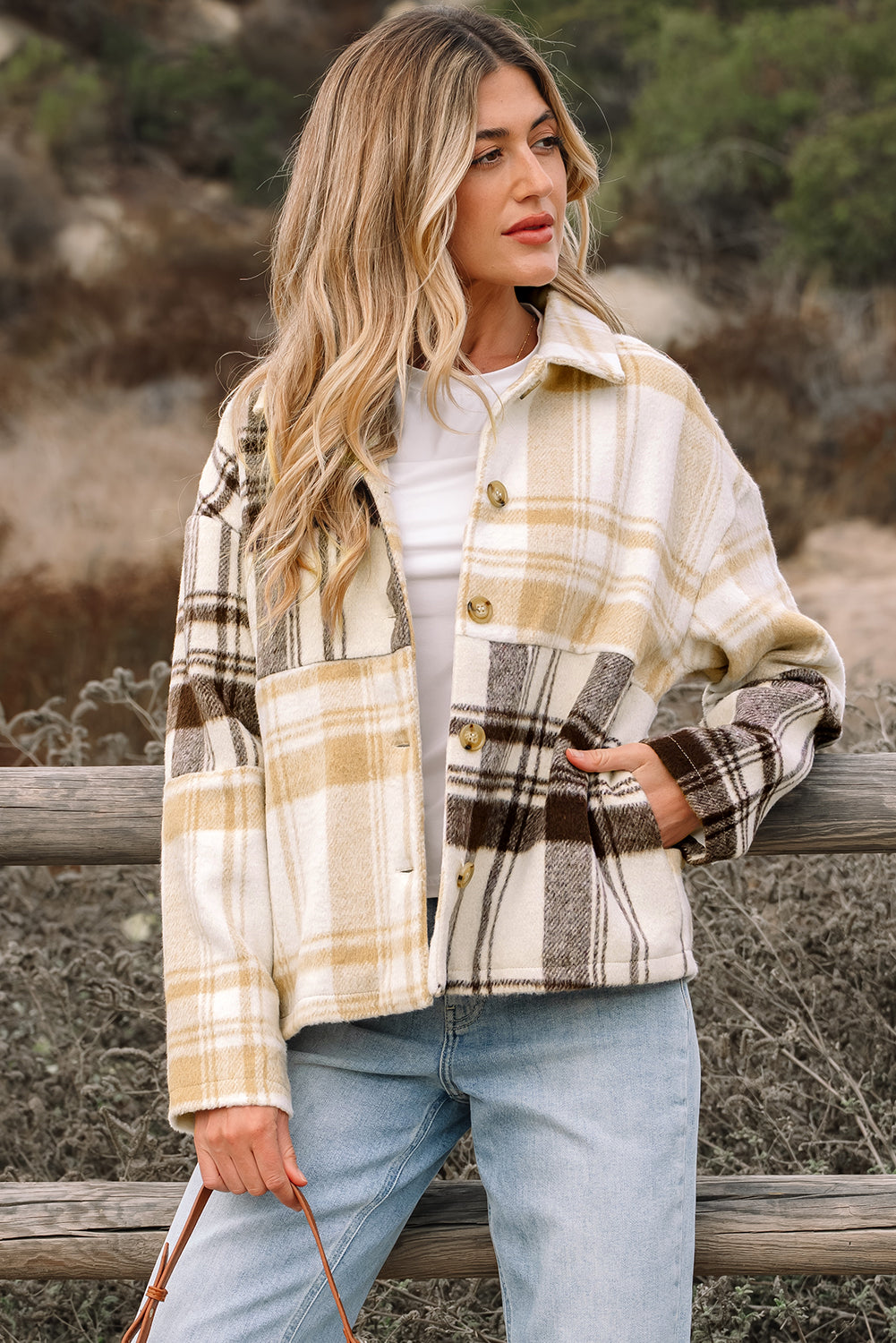 Multicolour Plaid Patchwork Side Pockets Buttoned Shacket