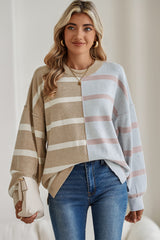 Khaki Stripe Exposed Seam Loose Sweater