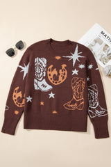 Brown Cowgirl Fashion Print Casual Sweater