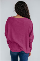 Bright Pink Ribbed Plain Long Sleeve Loose Top