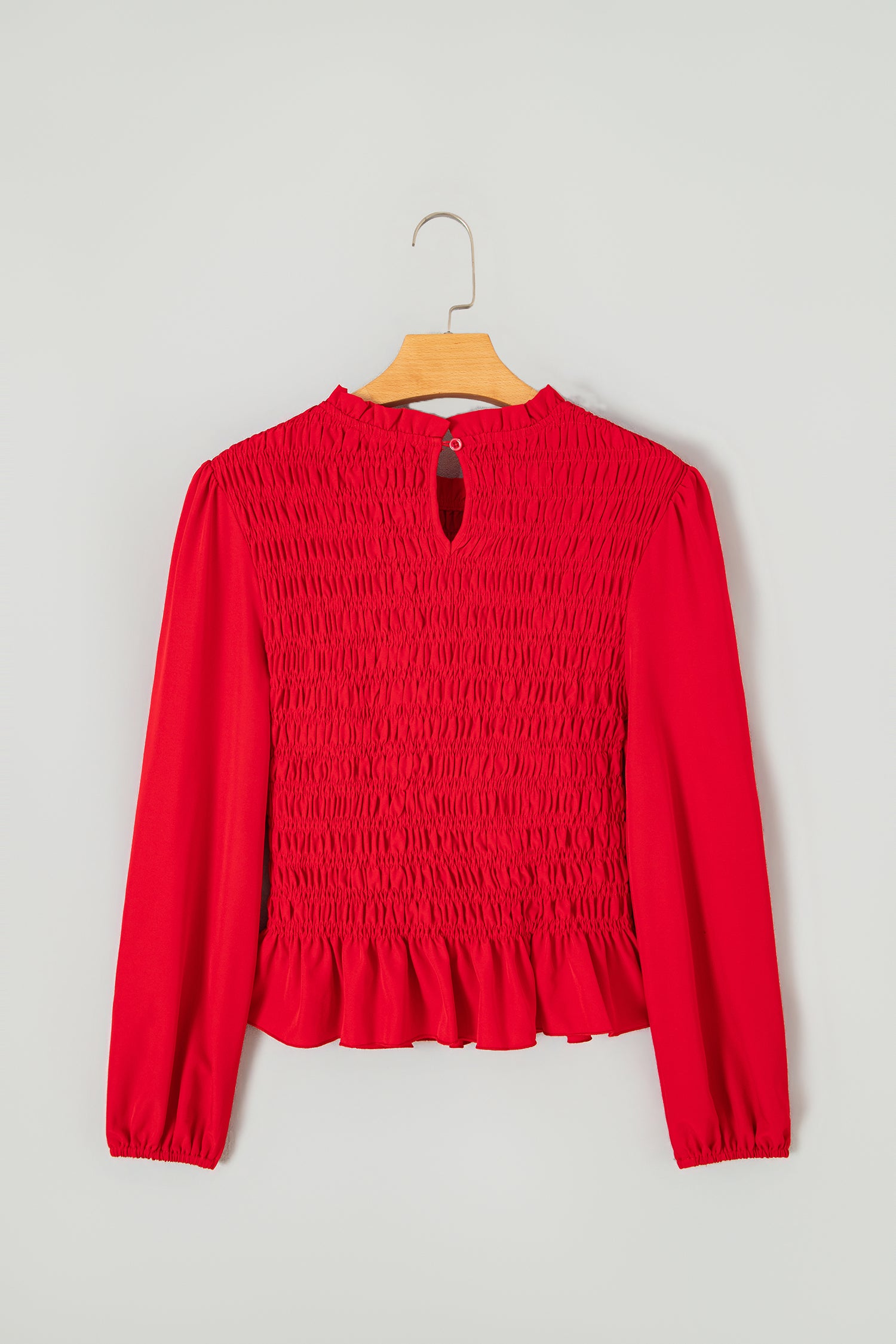 Racing Red Solid Color Smocked Ruffle Hem Long Sleeve Blouse