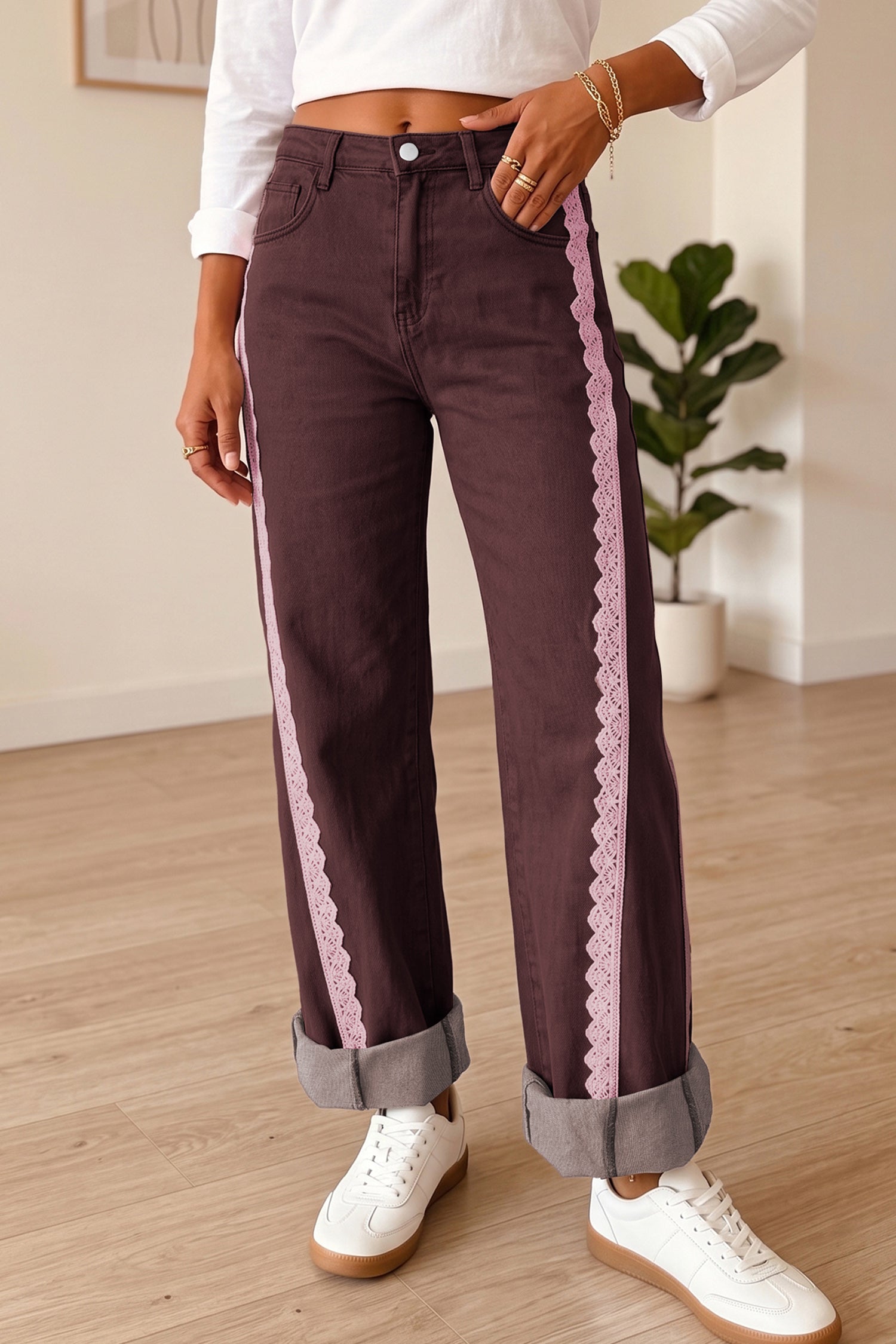Coffee Lace Trim Casual Full-Length Regular Fit Jeans