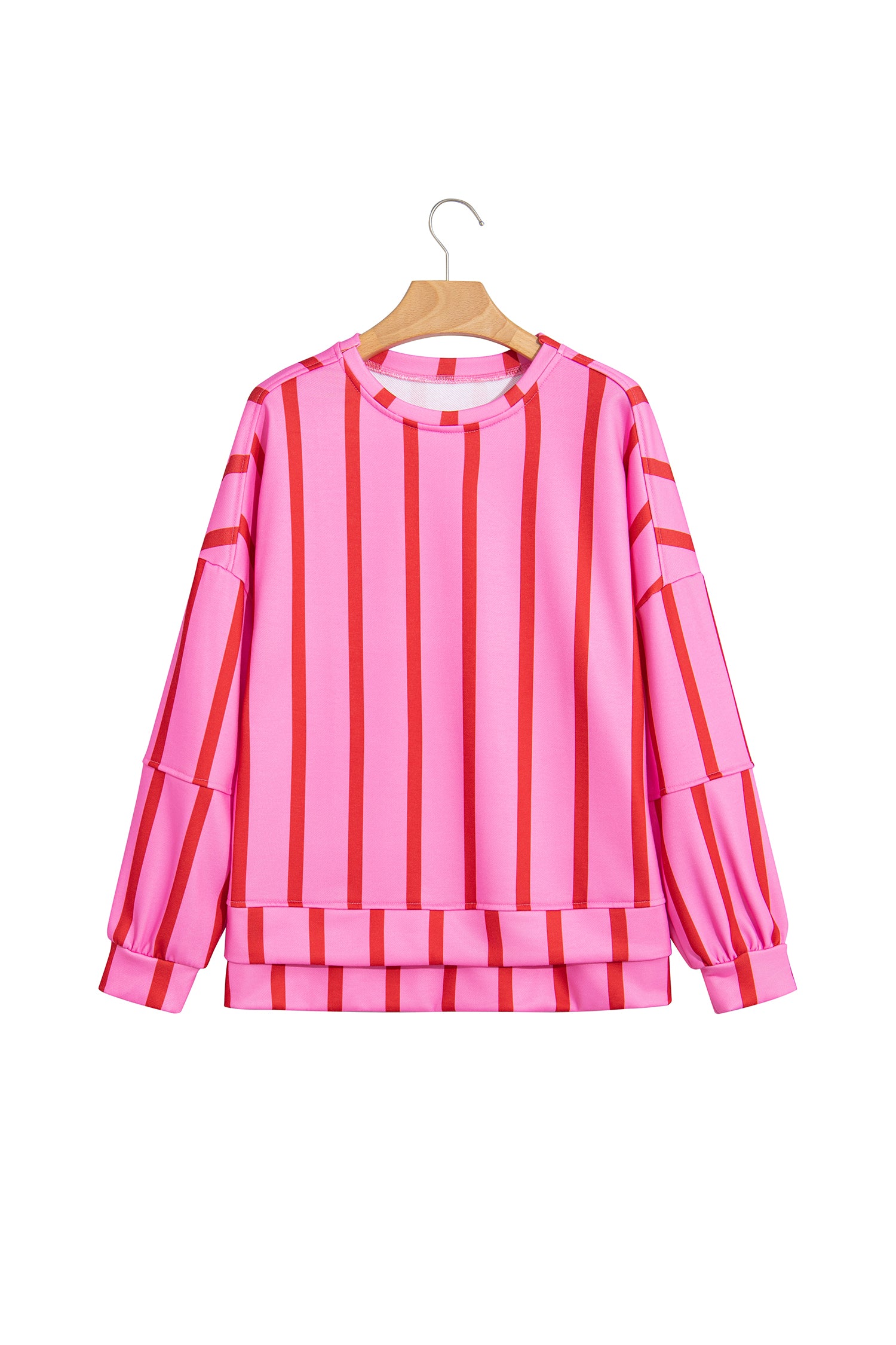 Pink Stripe Dropped Shoulder Round Neck Casual Sweatshirt