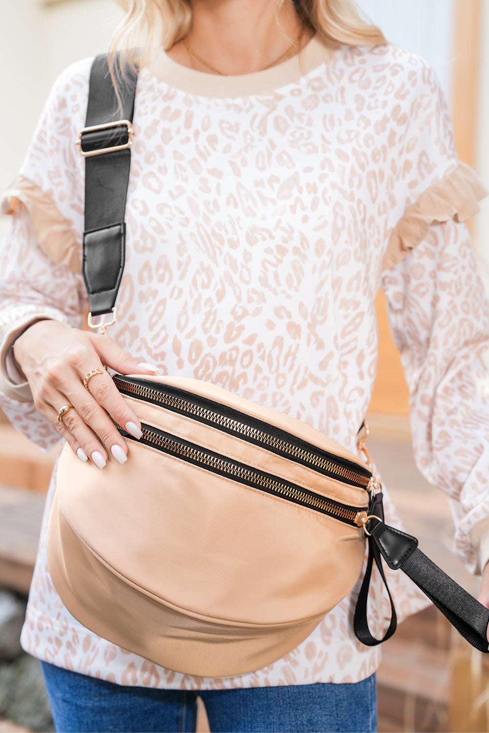 Light Blue Wide Strap Double Zipper Crossbody Bag