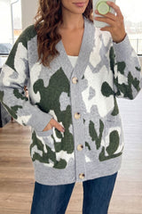 Green Camouflage Drop Shoulder V Neck Button Front Cardigan