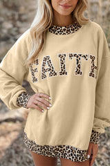 Coffee Polka Dot Trim High Neck BLESSED Letter Graphic Baggy Sweatshirt