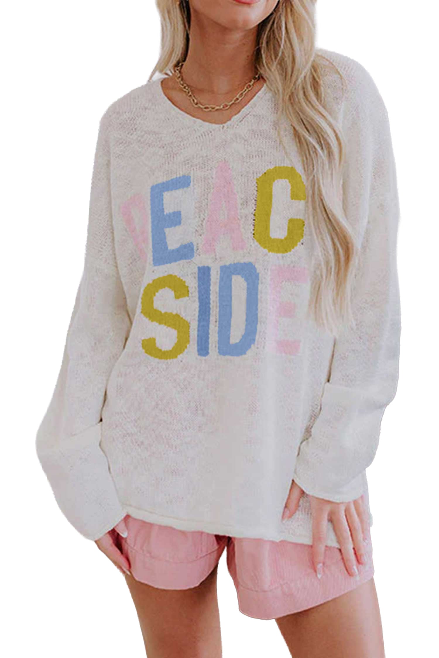 White V Neck Lightweight Knit BEACH SIDE Shift Tunic Sweater