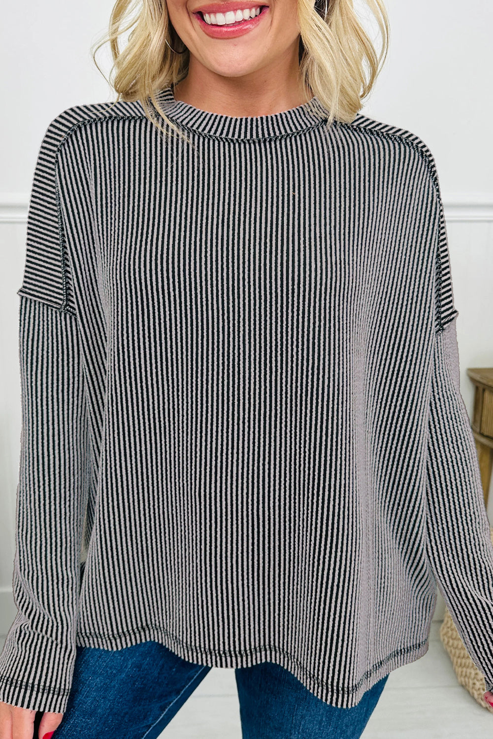 Black Twisted Rib Exposed Seam Detail Long Sleeve Loose Top
