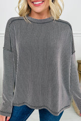 Black Twisted Rib Exposed Seam Detail Long Sleeve Loose Top