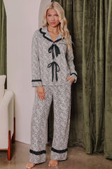 Brown Leopard Print Bow Knot Patchwork Long Sleeve Lounge Set