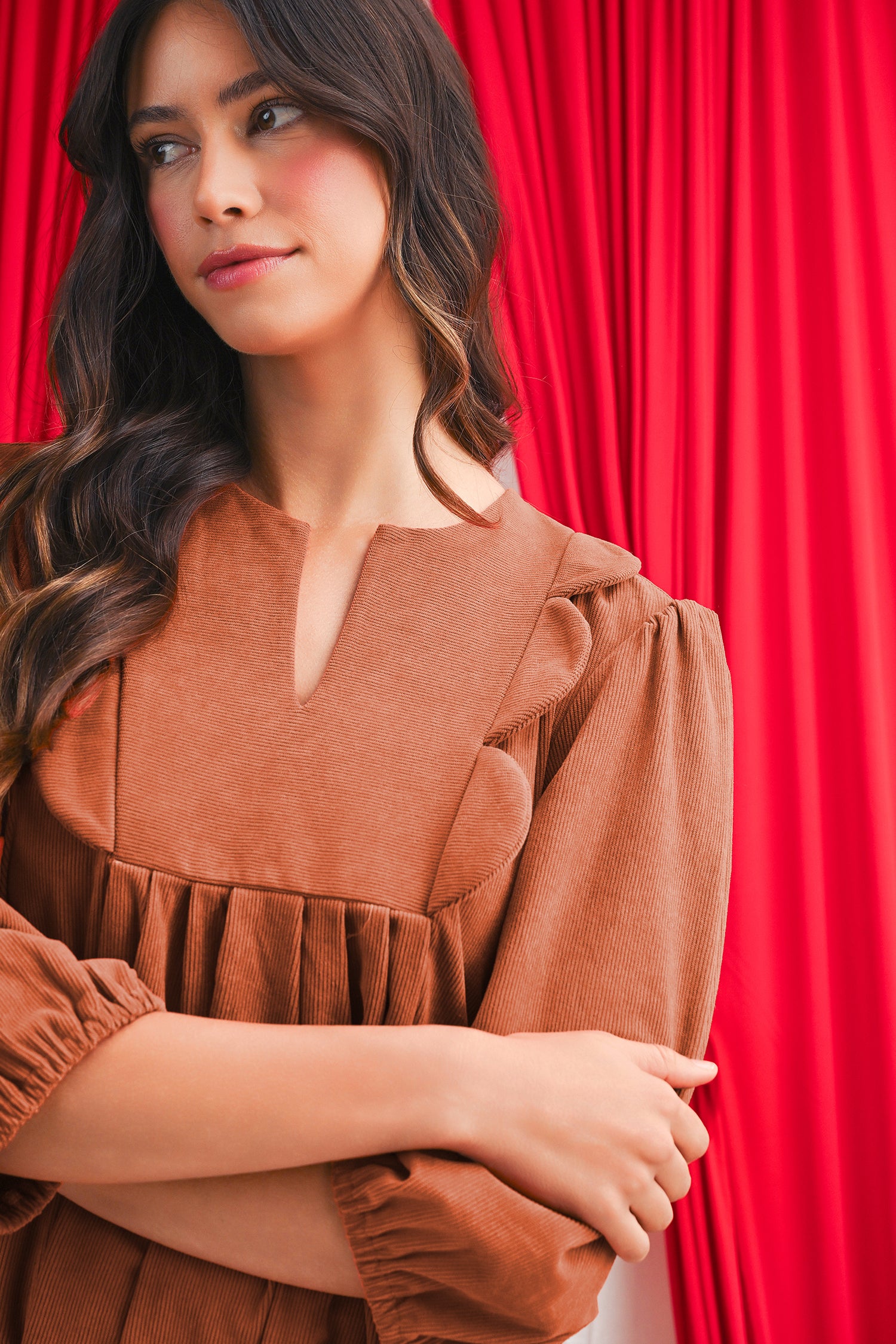 Moss Green Split Neck Scallop Detail Pleated Corduroy Mini Dress