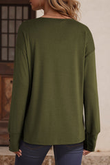 Four Leaf Clover Buttoned Cuffs Drop Shoulder Long Sleeve V Neck Solid Top
