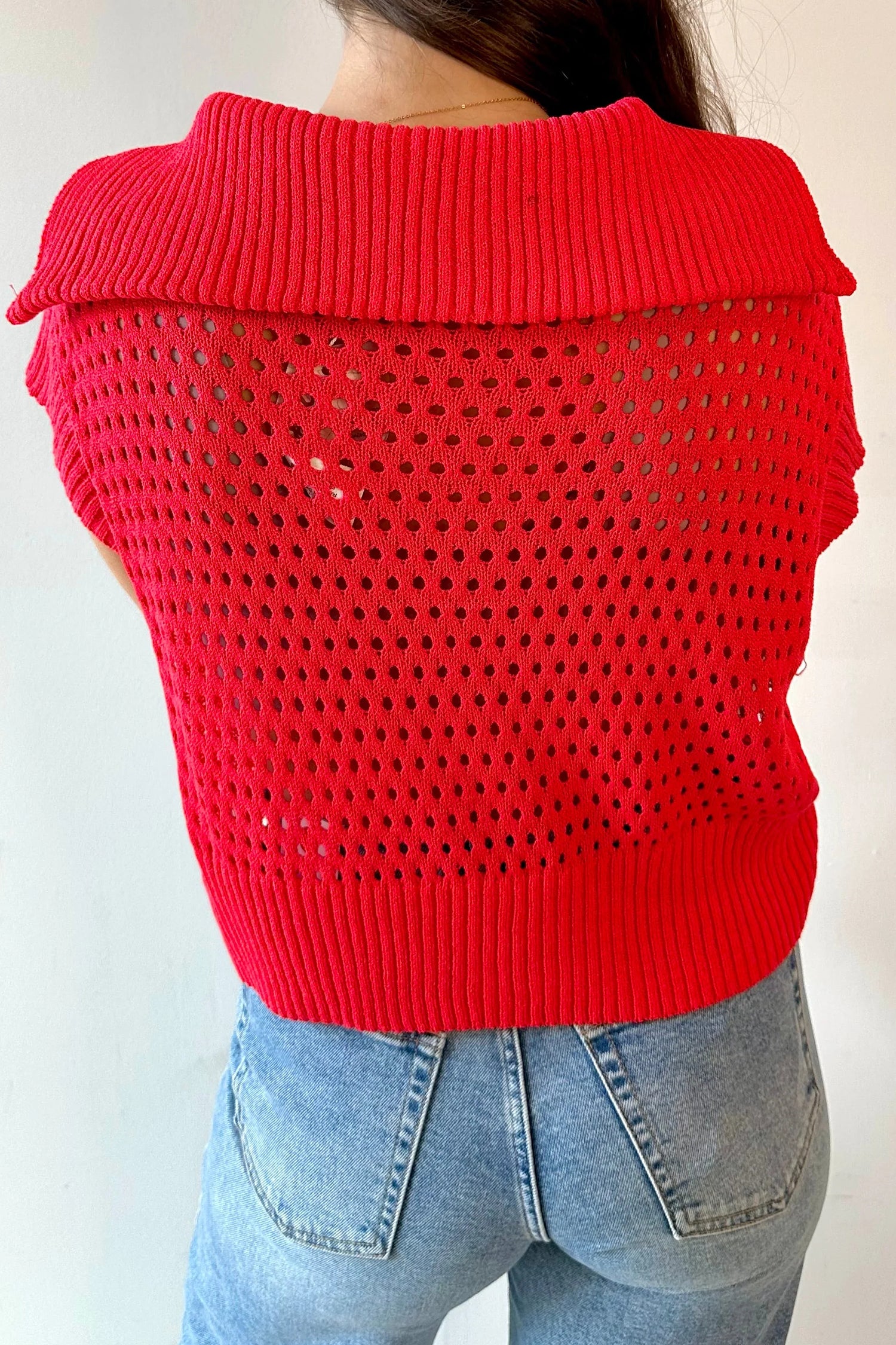 Yellow Solid Color Hollowed Knit Short Sleeve Zipper Collar Knitwear Top