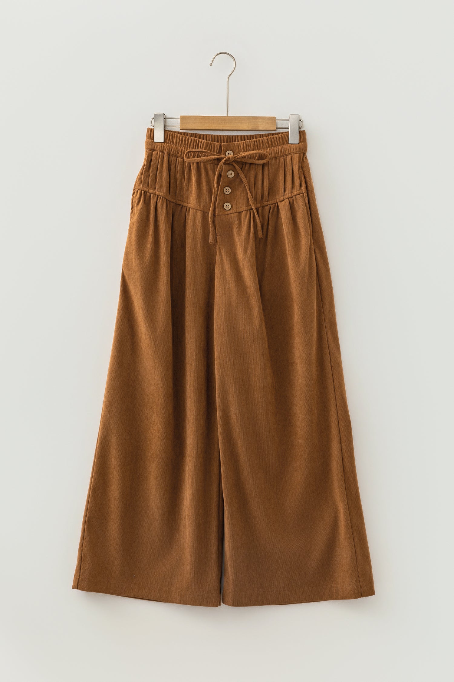 Thai Curry Elastic Waist Wooden Button Placket Ankle Length Wide Leg Pants