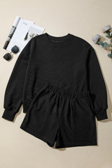 Black Ribbed Texture Baggy Drop Shoulder Pullover and Shorts Set