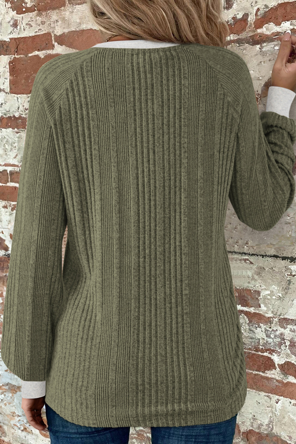 Moss Green Rib Texture Contrast Trim Round Neck Long Sleeve Top