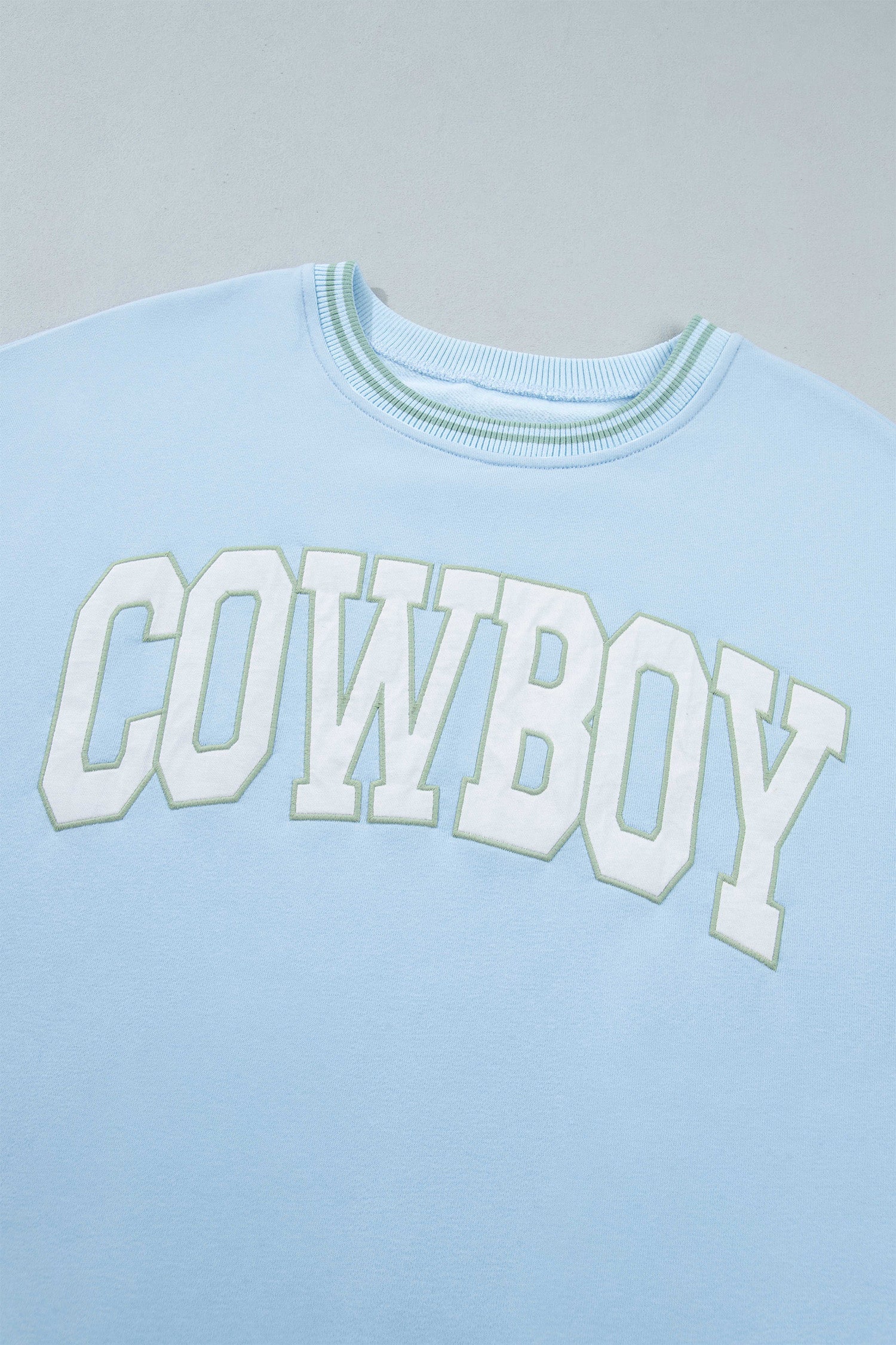 Beau Blue Embroidered Cowboy Letter Print Long Sleeve Round Neck Sweatshirt