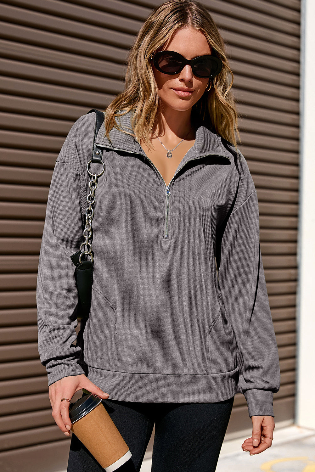 Gray Waffle Texture Collar Half Zip Pocketed Drop Shoulder Sweatshirt