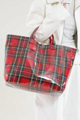 Fiery Red Plaid Pattern PVC Glossy Waterproof Tote Bag
